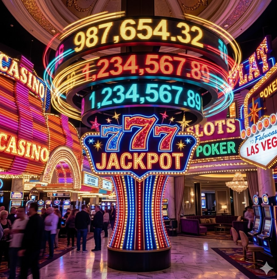 화려한 네온 사인이 반짝이는 라스베이거스 스타일의 카지노 로비 배경에 '777' 잭팟 이미지와 함께 화려한 디지털 숫자가 회전하는 역동적인 배경 이미지