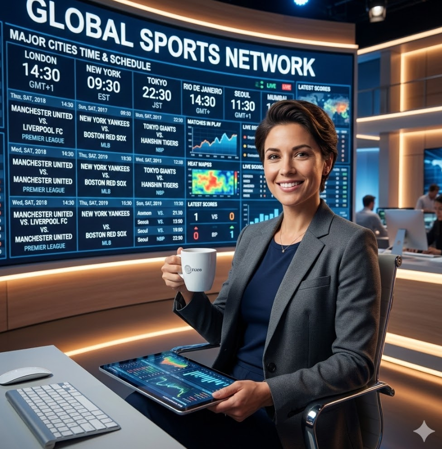 전 세계 주요 도시의 시간과 스포츠 중계 일정이 가득 찬 디지털 월 앞에 앉아 한 손에는 커피, 한 손에는 태블릿을 든 분석가의 자신감 넘치는 모습