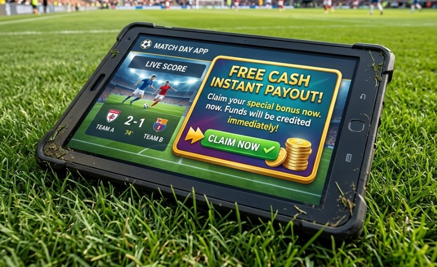 축구 경기장의 푸른 잔디 위에 태블릿 PC가 놓여 있고 화면에는 실시간 스코어와 함께 '꽁머니 즉시 지급' 팝업 창이 뜨는 모습