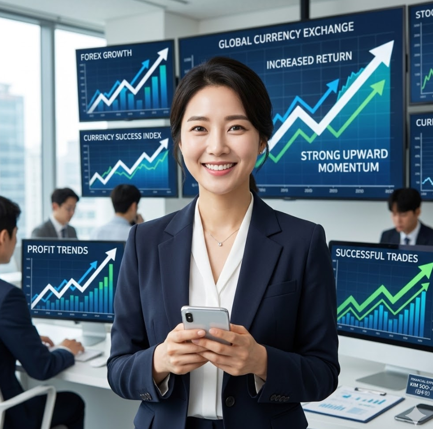 깔끔한 정장 차림의 김수진 전문가가 자신감 넘치는 미소로 스마트폰을 들고 있으며 배경에는 성공적인 환전 그래프들이 우상향하는 모습