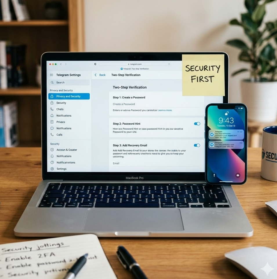 텔레그램의 2단계 인증 설정 페이지가 열려 있는 보안 강조 이미지
