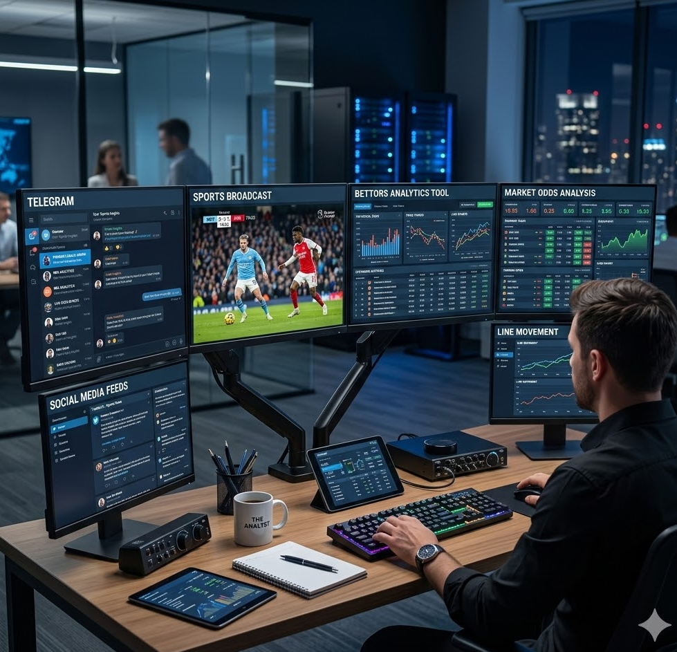  텔레그램, 스포츠 중계, 배당 분석 툴이 조화롭게 배치된 전문가의 작업 공간 이미지