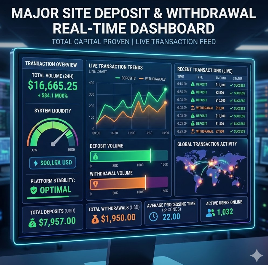 자본력이 입증된 메이저 사이트의 입출금 데이터가 실시간으로 갱신되는 대시보드 형태의 인포그래픽 이미지