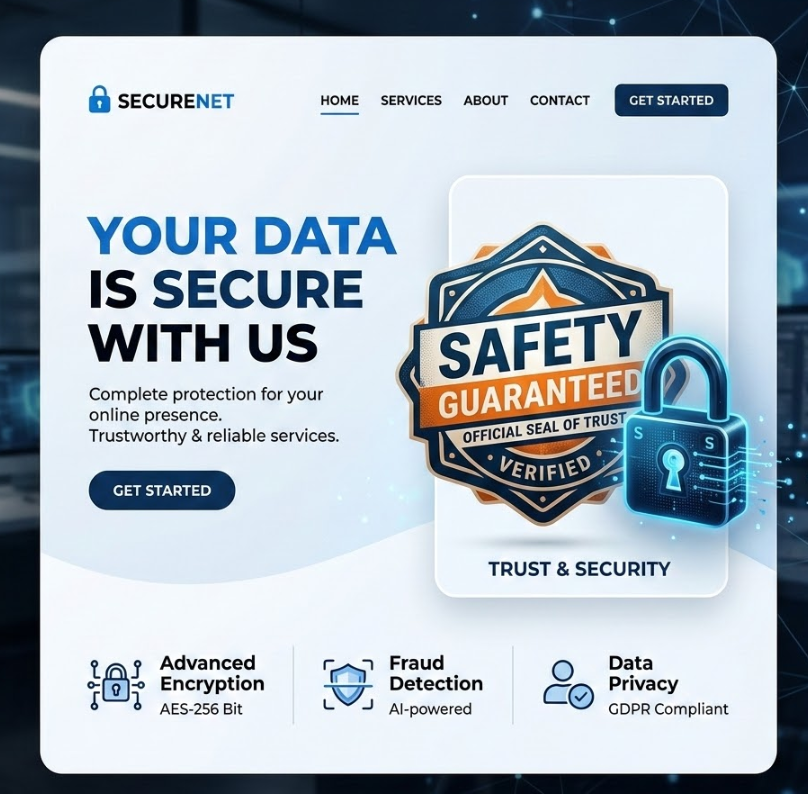 '안전 보증' 도장이 찍힌 웹사이트 레이아웃과 데이터 보안을 상징하는 자물쇠 아이콘이 결합된 이미지
