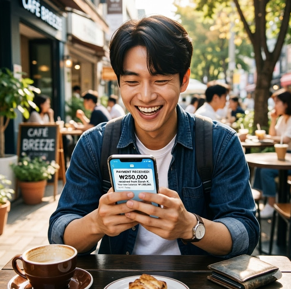 입금 알림 문자를 확인하는 젊은 남성의 모습