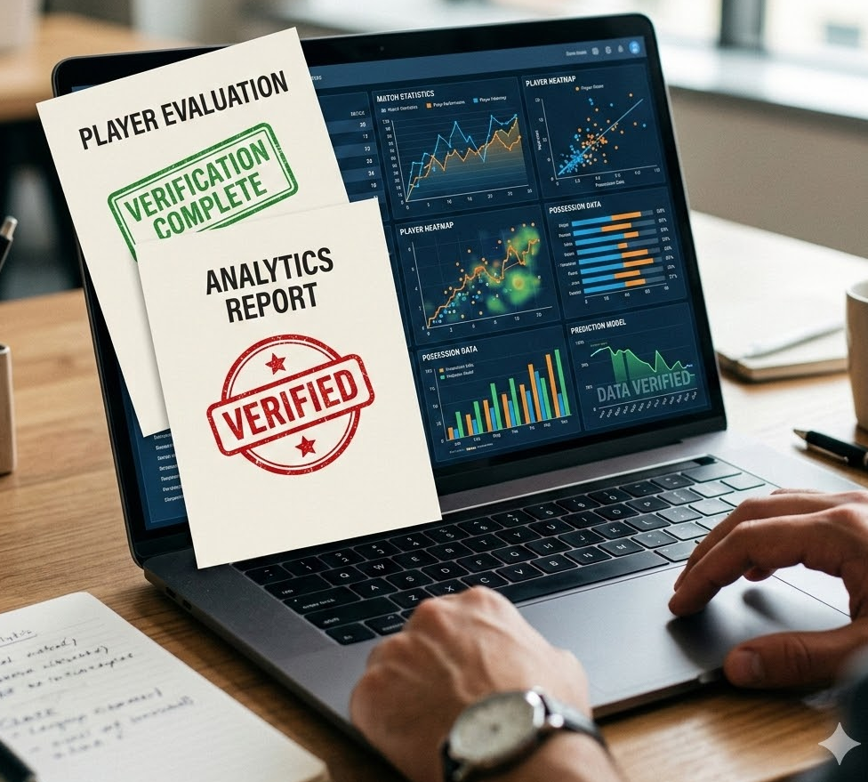노트북 화면에 복잡한 스포츠 분석 차트와 함께 '검증 완료'라는 도장이 찍힌 문서 파일들이 겹쳐져 있는 신뢰감 있는 분위기의 스틸 컷