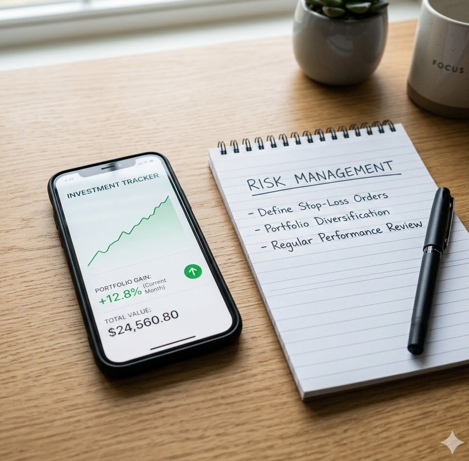 스마트폰 화면에 녹색 그래프가 완만하게 우상향하는 수익 인증 화면이 떠 있고 그 옆에 'Risk Management'라고 적힌 메모지가 놓여 있는 정갈한 데스크 이미지
