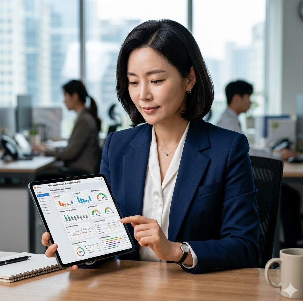 깔끔한 정장 차림의 김수진 전문가가 스마트 패드를 사용하여 여러 커뮤니티의 실시간 평판 정보를 대조 분석하고 있는 신뢰감 있는 프로필 이미지