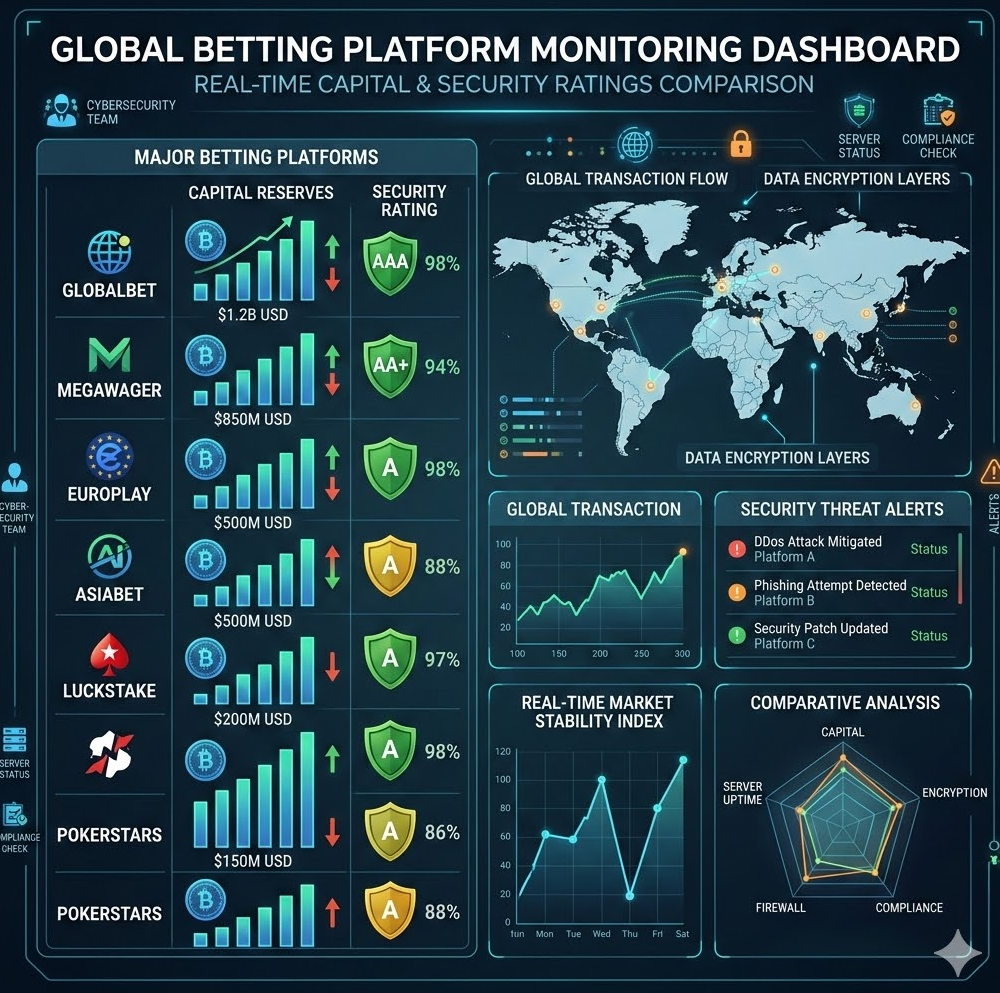 전 세계 주요 베팅 플랫폼의 자본금 현황과 보안 등급을 실시간으로 비교 분석하는 첨단 관제 센터 테마의 인포그래픽 이미지