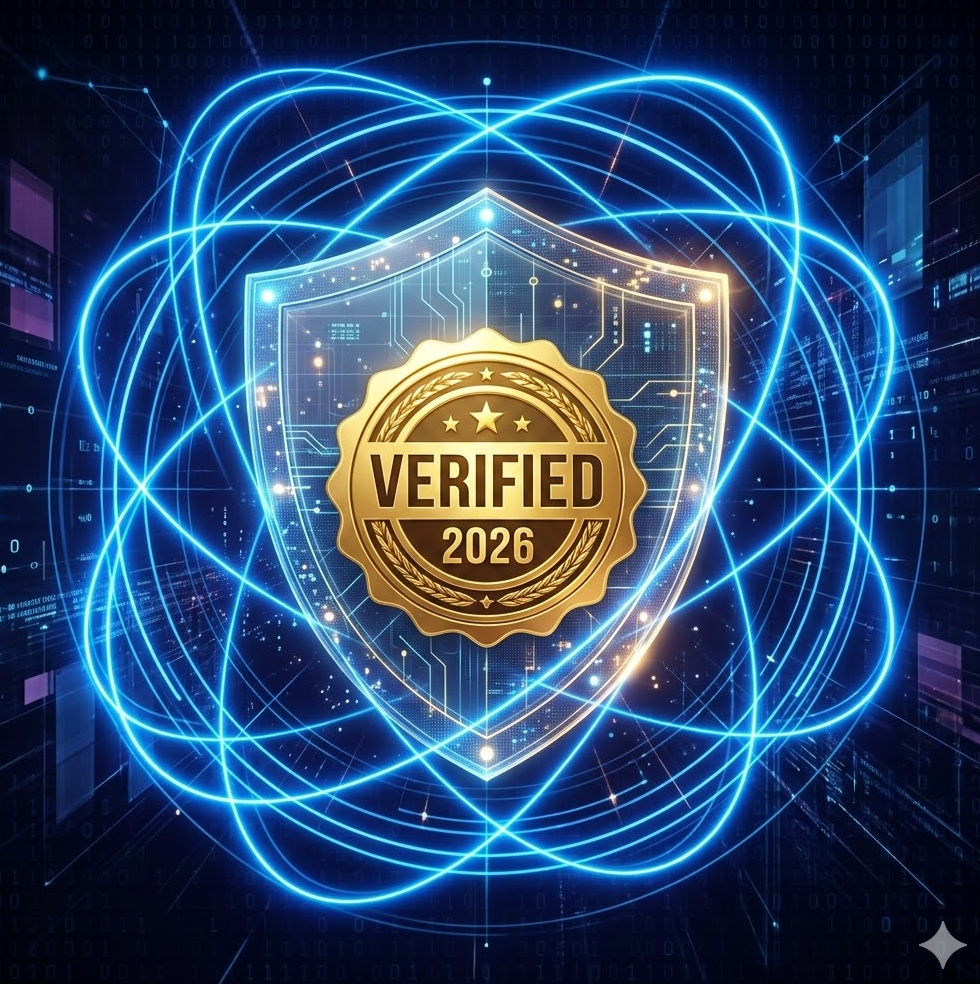 'VERIFIED 2026'이라는 황금색 보안 인장이 찍힌 투명한 디지털 방패와 그 주위를 감싸는 푸른색 보안 레이저 광선 그래픽
