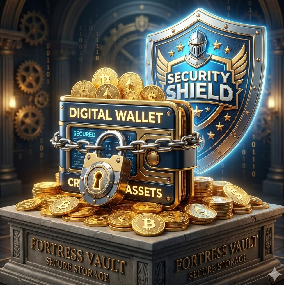 황금 동전이 가득 담긴 디지털 지갑 위에 강력한 잠금장치가 채워져 있는 모습의 웅장한 3D 렌더링 이미지와 보안 방패