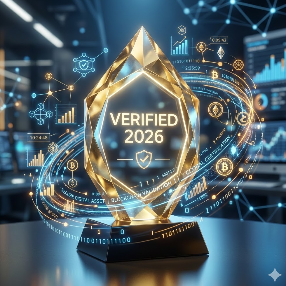  'VERIFIED 2026'이라는 보안 문구가 새겨진 황금색 크리스탈 상장과 그 주위를 감싸는 디지털 자산 데이터 그래픽