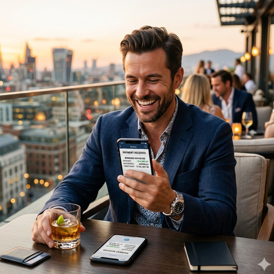 환하게 웃으며 스마트폰으로 입금 알림 문자를 확인하는 성공한 베터의 여유로운 일상을 담은 라이프스타일 사진