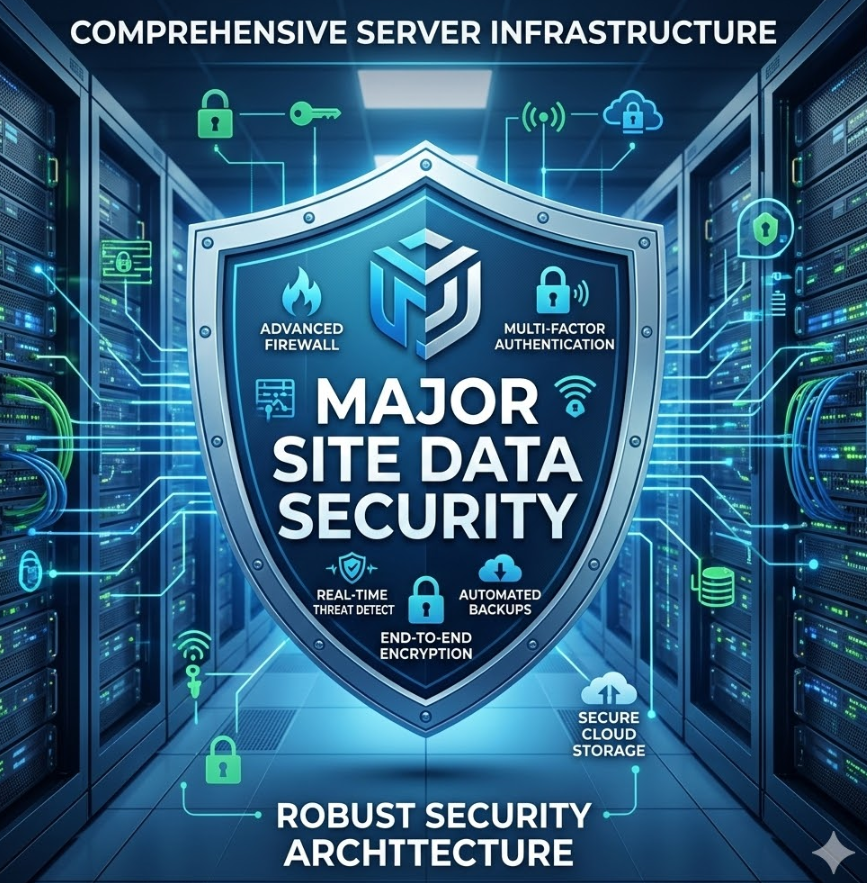 자본력이 탄탄한 메이저 사이트의 서버실 전경과 데이터 보안을 상징하는 방패 문양이 결합된 테크니컬 인포그래픽