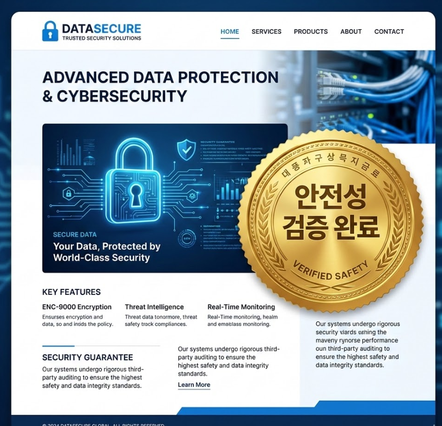 안전성 검증 완료'라는 황금색 직인이 찍힌 웹사이트 레이아웃과 데이터 보안을 상징하는 푸른색 잠금장치 아이콘