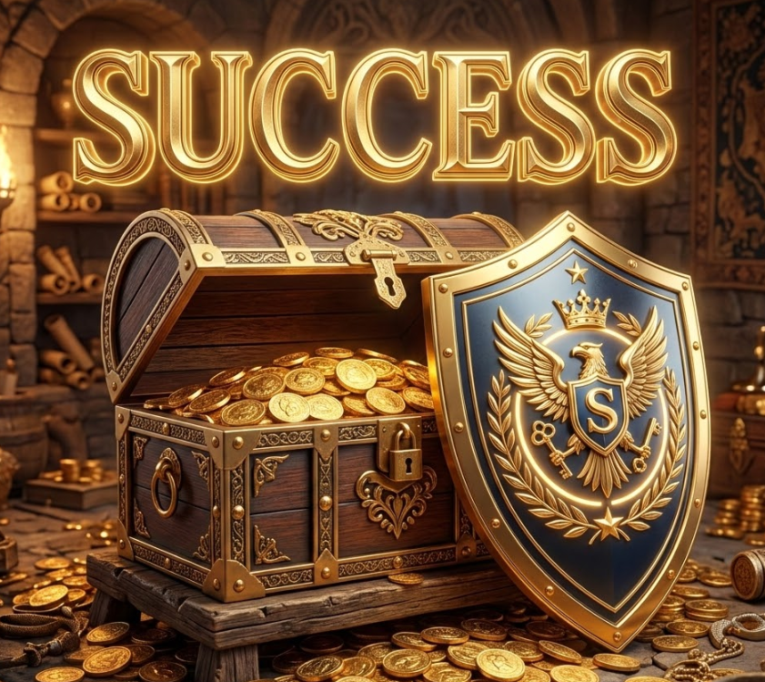 황금 동전이 가득 담긴 보물상자와 'SUCCESS'라는 텍스트가 조화를 이룬 3D 렌더링 이미지와 보안 방패 문양