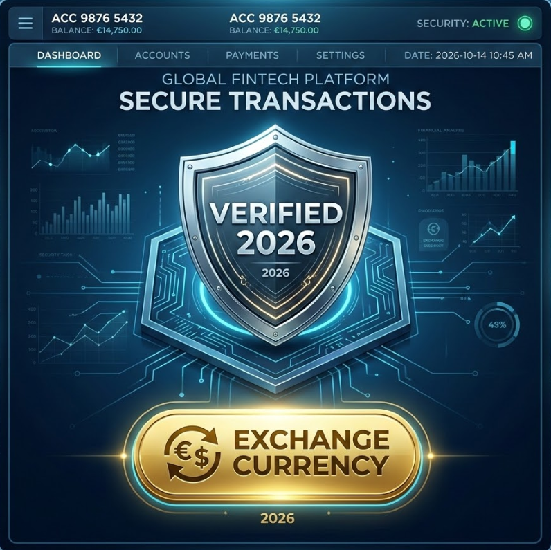 'VERIFIED 2026' 마크가 찍힌 보안 방패 아이콘과 금색 환전 버튼이 강조된 세련된 인터페이스 디자인