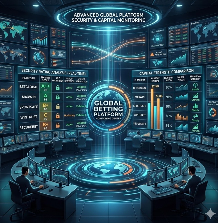 전 세계 주요 베팅 플랫폼의 보안 등급과 자본력을 실시간으로 비교 분석하는 첨단 관제 센터 테마의 인포그래픽 이미지