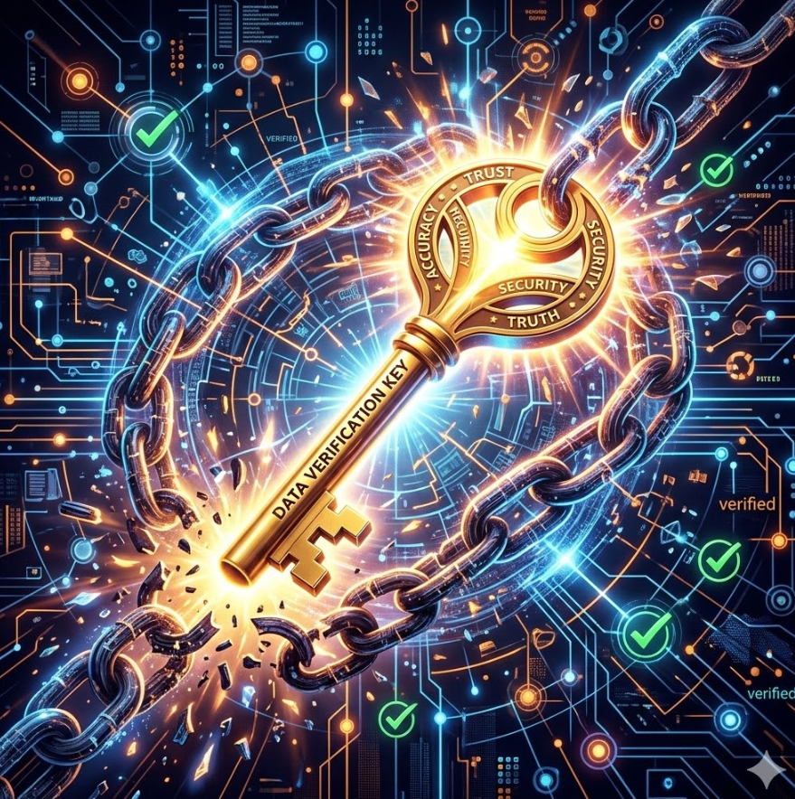 복잡하게 얽힌 정보의 사슬을 끊고 황금 열쇠를 획득하는 과정을 형상화하여 데이터 검증의 중요성을 상징하는 입체적인 자물쇠 그래픽