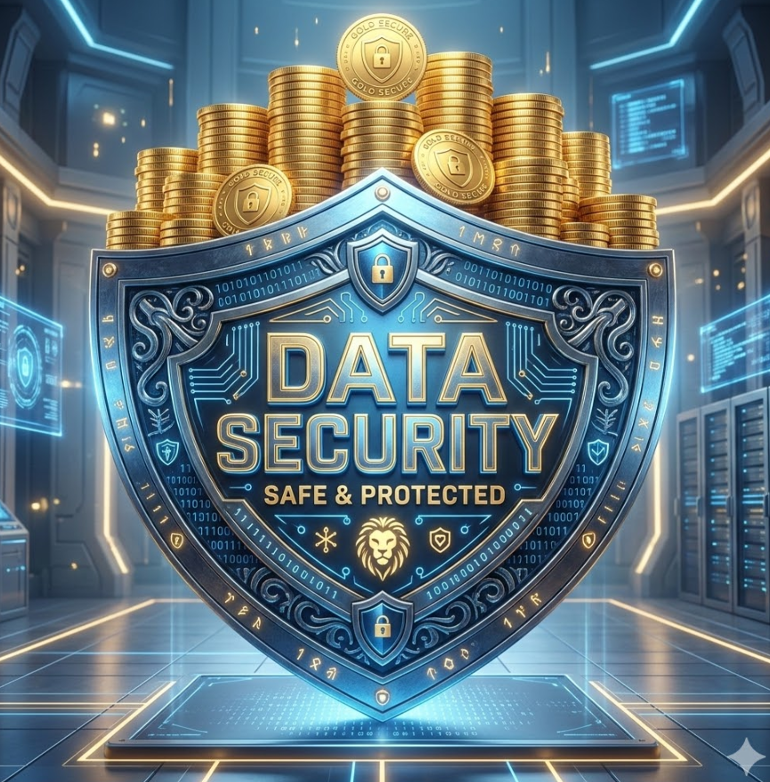 데이터 보안을 상징하는 거대한 방패 위에 황금 동전들이 안전하게 쌓여 있는 모습의 웅장한 3D 렌더링 이미지