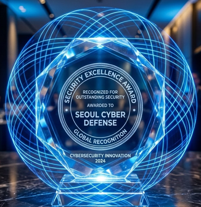 보안마크가 새겨진 투명한 크리스탈 상장과 그 주위를 감싸는 푸른색 보안 레이저 광선 이미지