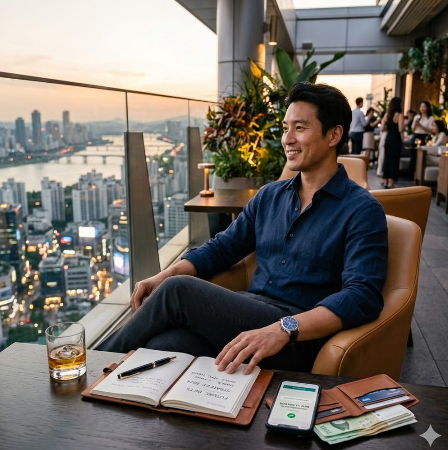 성공적인 환전 후 여유롭게 휴식을 취하며 미래를 설계하는 성공한 베터의 모습을 담은 고화질 라이프스타일 사진