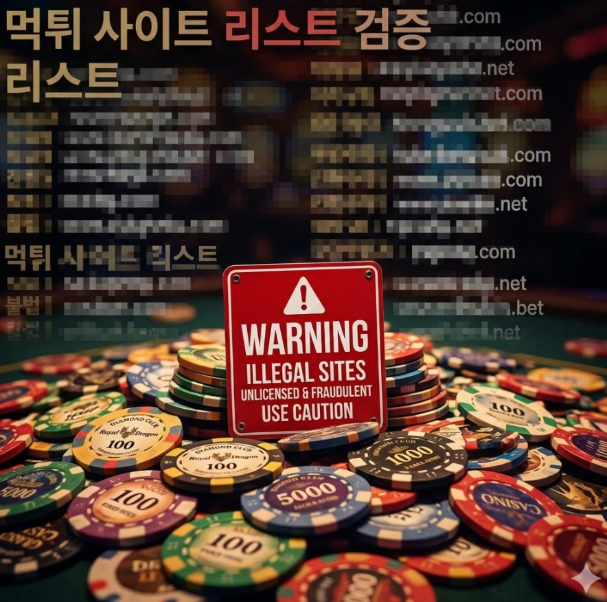 화려한 카지노 칩 뭉치 사이로 빨간색 'Warning' 표지판이 세워져 있으며 배경에는 모자이크 처리된 먹튀 사이트들의 리스트가 흐릿하게 보이는 경고 이미지
