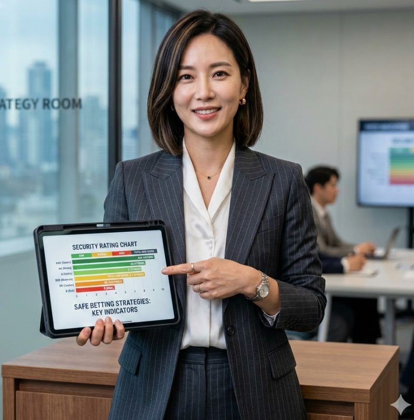 세련된 정장을 입은 여성이 태블릿 화면의 보안 등급 차트를 가리키며 자신감 넘치는 표정으로 안전 베팅 전략을 설명하는 프로페셔널한 프로필 이미지