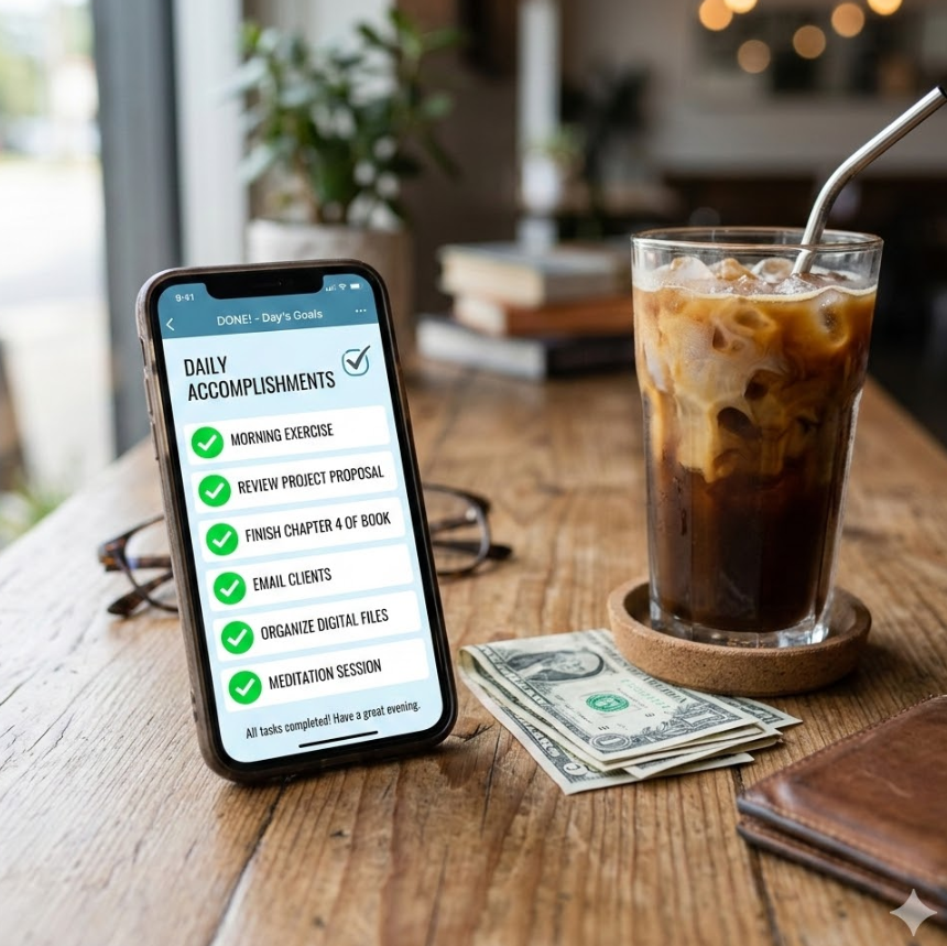 스마트폰에 깔끔한 체크리스트 앱이 실행되어 있고 모든 항목에 녹색 체크 표시가 완료된 화면 옆으로 소액 지폐와 아이스 커피가 놓여 있는 여유로운 분위기의 이미지