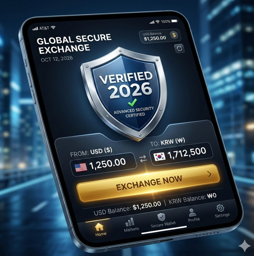 'VERIFIED 2026' 마크가 새겨진 보안 방패와 금색 환전 버튼이 강조된 세련된 인터페이스 디자인