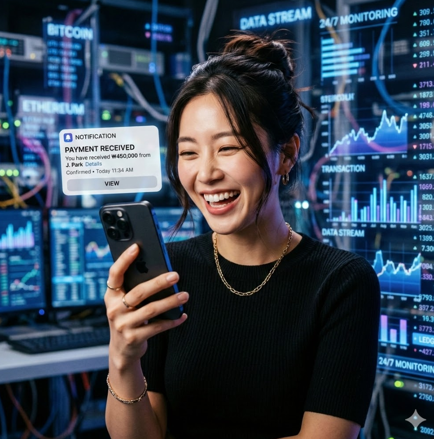 환하게 웃으며 스마트폰으로 입금 알림 문자를 확인하는 젊은 남성의 모습과 배경에 흐르는 디지털 자산 데이터