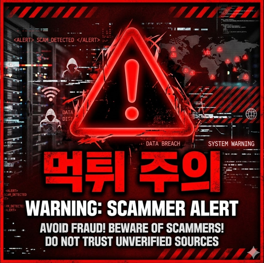 빨간색 경고 표시와 함께 '먹튀 주의' 문구가 강조된 보안 경고 이미지