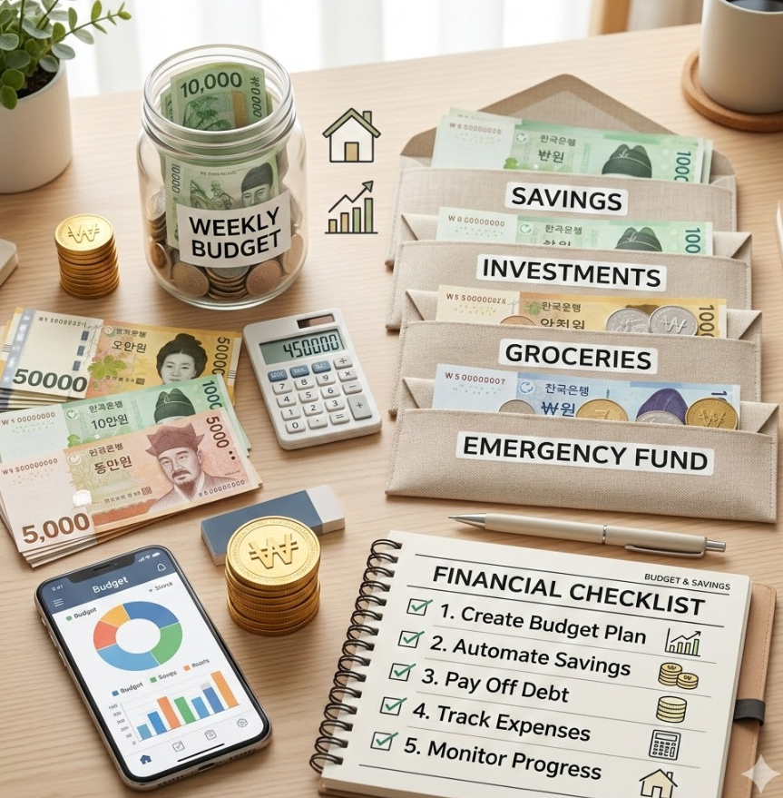 돈을 체계적으로 나누어 관리하는 이미지와 체크리스트 아이콘