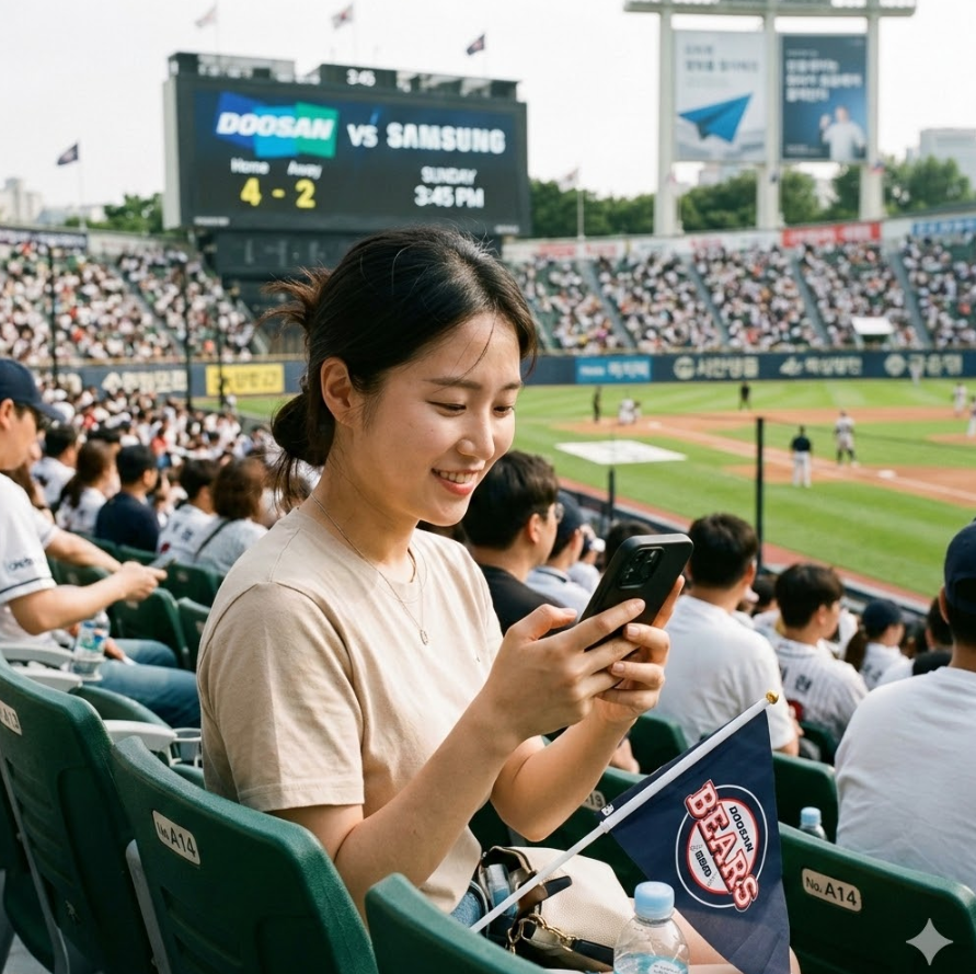 평온하게 스포츠 경기를 관람하며 스마트폰을 사용하는 건강한 유저의 모습