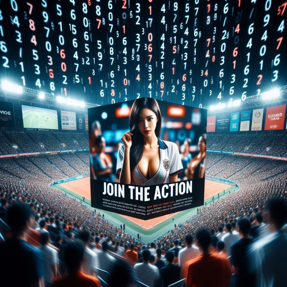 화려한 스포츠 경기장의 야경을 배경으로 실시간 스코어와 배당 정보가 디지털 숫자들로 비처럼 쏟아지고 있으며 그 한가운데에 'JOIN THE ACTION'이라는 문구가 박힌 지능형 동적 배너광고가 3D 공간 상에서 회전하는 이미지 화려한 스포츠 경기장의 야경을 배경으로 실시간 스코어와 배당 정보가 디지털 숫자들로 비처럼 쏟아지고 있으며 그 한가운데에 'JOIN THE ACTION'이라는 문구가 박힌 지능형 동적 배너광고가 3D 공간 상에서 회전하는 이미지