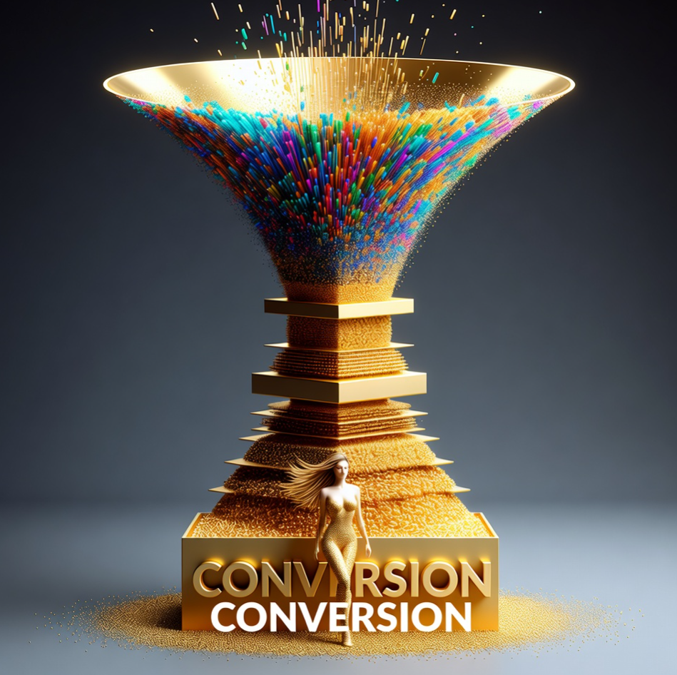 거대한 깔때기(Funnel) 내부로 수많은 디지털 입자들이 유입되고 있으며 하단으로 갈수록 정제된 황금색 입자로 변해 'CONVERSION' 박스에 차곡차곡 쌓이는 모습을 표현한 데이터 마케팅 시각화 3D 이미지 거대한 깔때기(Funnel) 내부로 수많은 디지털 입자들이 유입되고 있으며 하단으로 갈수록 정제된 황금색 입자로 변해 'CONVERSION' 박스에 차곡차곡 쌓이는 모습을 표현한 데이터 마케팅 시각화 3D 이미지