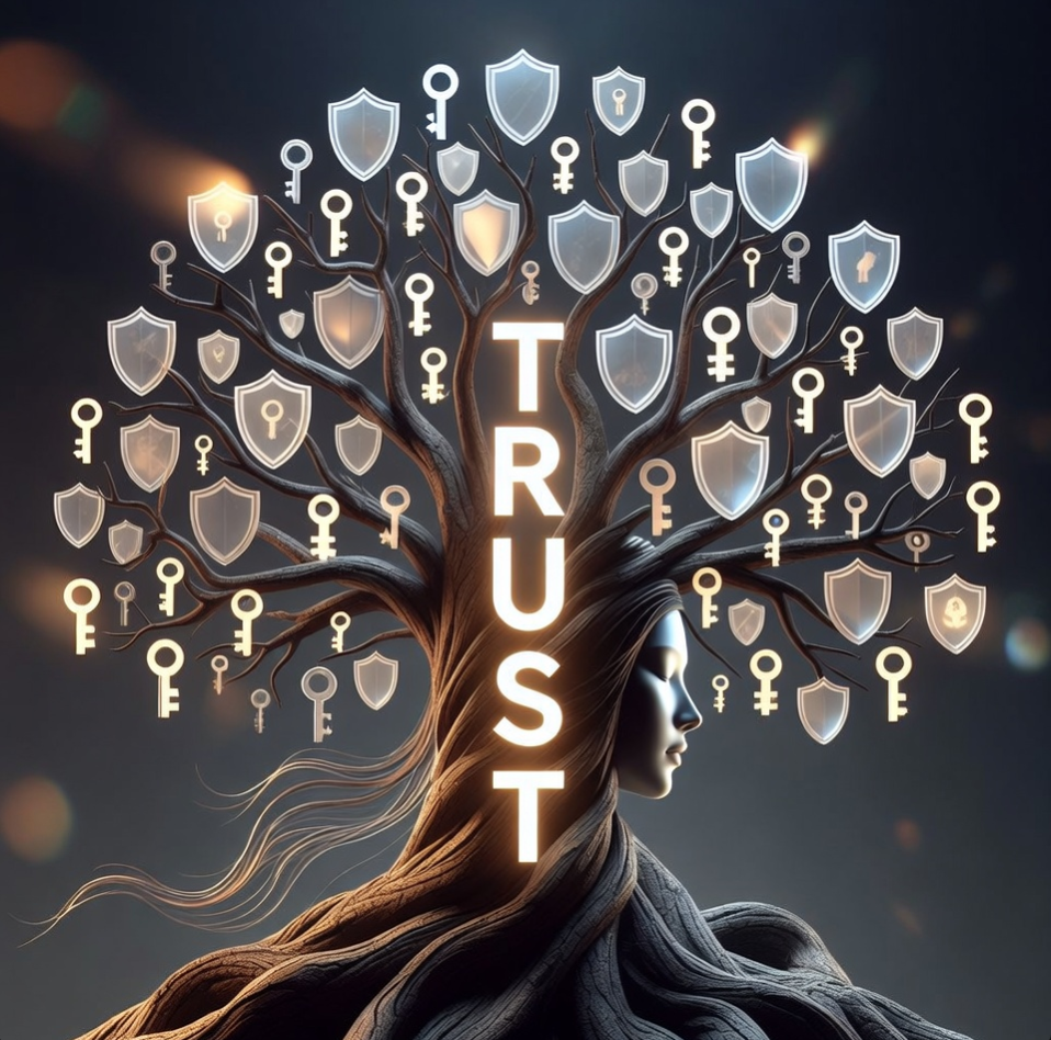 거대한 디지털 세계수(World Tree)의 가지마다 투명한 방패와 열쇠 아이콘들이 열매처럼 맺혀 있고 나무 기둥에는 'TRUST'라는 글자가 빛나며 데이터가 안전하게 순환하는 신뢰의 가치를 형상화한 이미지 거대한 디지털 세계수(World Tree)의 가지마다 투명한 방패와 열쇠 아이콘들이 열매처럼 맺혀 있고 나무 기둥에는 'TRUST'라는 글자가 빛나며 데이터가 안전하게 순환하는 신뢰의 가치를 형상화한 이미지