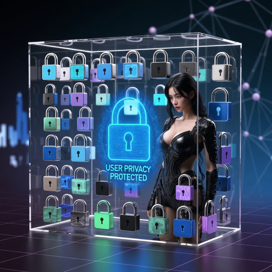 미래 지향적인 디지털 도어락이 채워진 투명한 데이터 상자 속에 푸른색 홀로그램으로 'USER PRIVACY PROTECTED'라는 문구가 떠 있는 보안 기술 테마의 3D 렌더링 이미지 미래 지향적인 디지털 도어락이 채워진 투명한 데이터 상자 속에 푸른색 홀로그램으로 'USER PRIVACY PROTECTED'라는 문구가 떠 있는 보안 기술 테마의 3D 렌더링 이미지