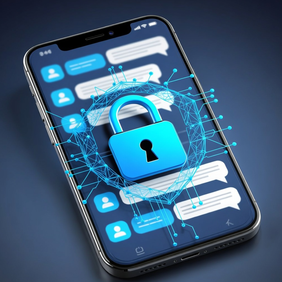 스마트폰 화면 속에 강력한 푸른색 자물쇠 아이콘이 잠겨 있고, 그 주위로 반투명한 보안 레이어가 채팅 메시지들을 촘촘하게 감싸며 외부 침입을 완벽히 차단하는 사이버 보안 테마의 3D 일러스트 스마트폰 화면 속에 강력한 푸른색 자물쇠 아이콘이 잠겨 있고, 그 주위로 반투명한 보안 레이어가 채팅 메시지들을 촘촘하게 감싸며 외부 침입을 완벽히 차단하는 사이버 보안 테마의 3D 일러스트