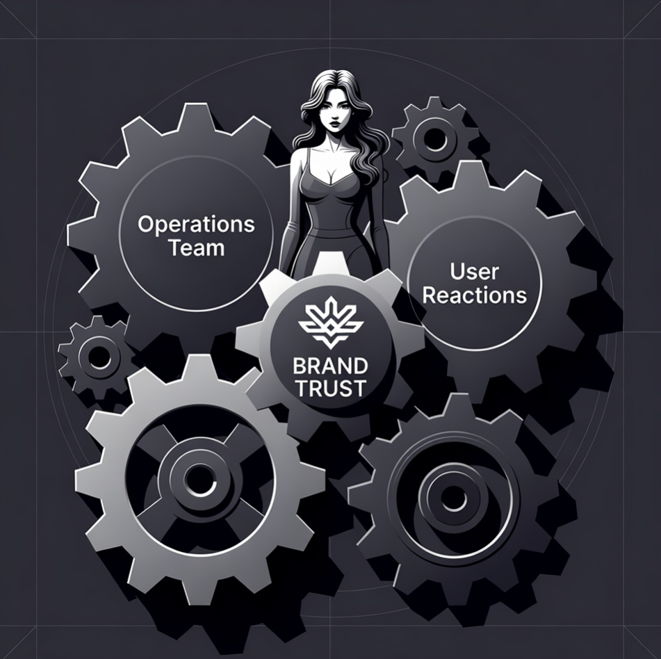 거대한 톱니바퀴들이 맞물려 돌아가는 시계 내부 구조처럼, 운영진의 전략과 유저의 반응이 정교하게 맞물려 'BRAND TRUST'라는 중앙 장치를 돌리고 있는 매니지먼트 컨셉의 시각화 이미지 거대한 톱니바퀴들이 맞물려 돌아가는 시계 내부 구조처럼, 운영진의 전략과 유저의 반응이 정교하게 맞물려 'BRAND TRUST'라는 중앙 장치를 돌리고 있는 매니지먼트 컨셉의 시각화 이미지