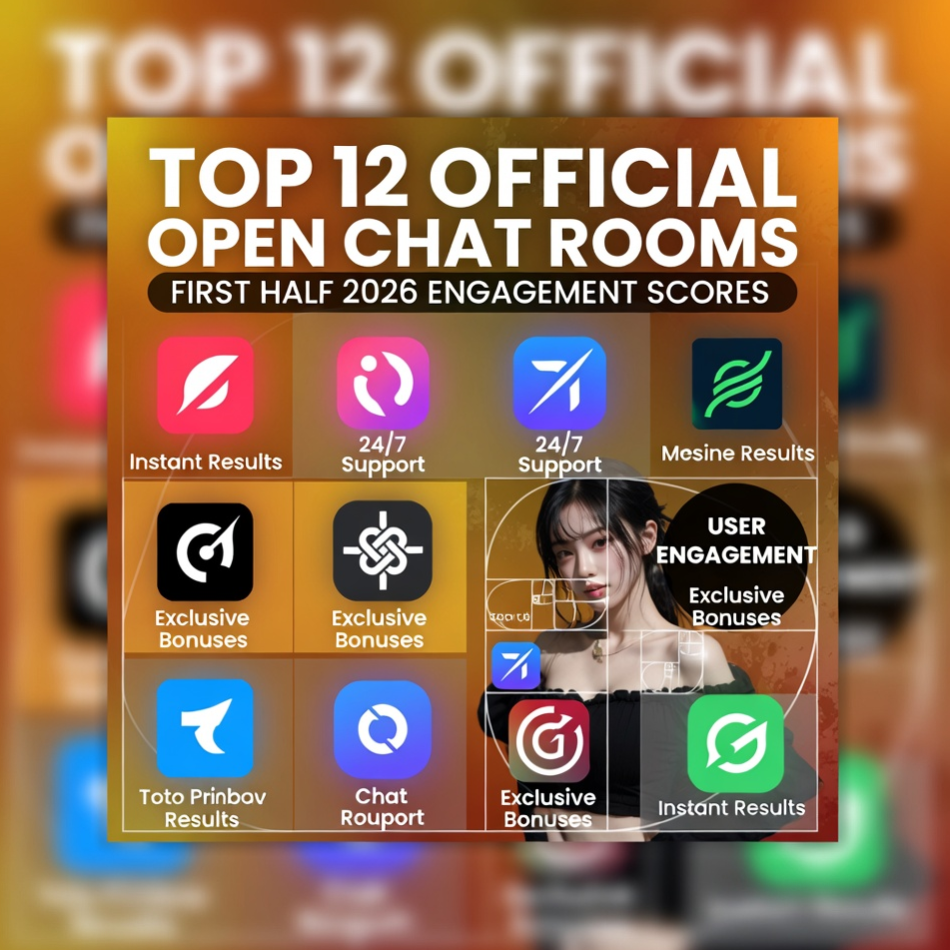 2026년 상반기 업계에서 가장 높은 유저 소통 점수를 획득한 TOP 12 공식 오픈채팅방들의 개성 넘치는 로고와 핵심 강점들이 황금 비율 격자 구조로 배치된 화려하고 웅장한 콜라주 포스터 2026년 상반기 업계에서 가장 높은 유저 소통 점수를 획득한 TOP 12 공식 오픈채팅방들의 개성 넘치는 로고와 핵심 강점들이 황금 비율 격자 구조로 배치된 화려하고 웅장한 콜라주 포스터