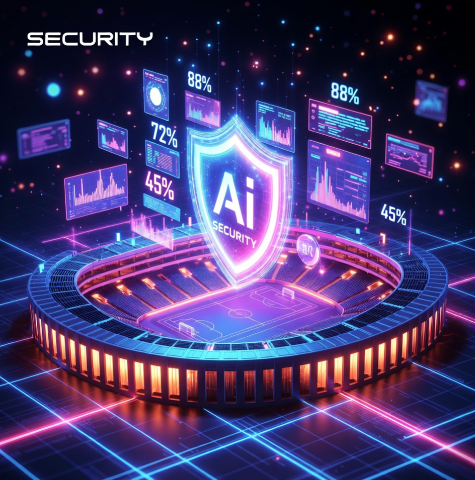 화려한 네온 조명이 켜진 대형 스포츠 경기장 배경 위로 반투명한 디지털 수치들이 부유하고 있고, 중앙에는 방패 모양의 AI 보안 로고가 박동하듯 반짝이며 기술과 스포츠의 결합을 표현한 미래지향적 아트워크