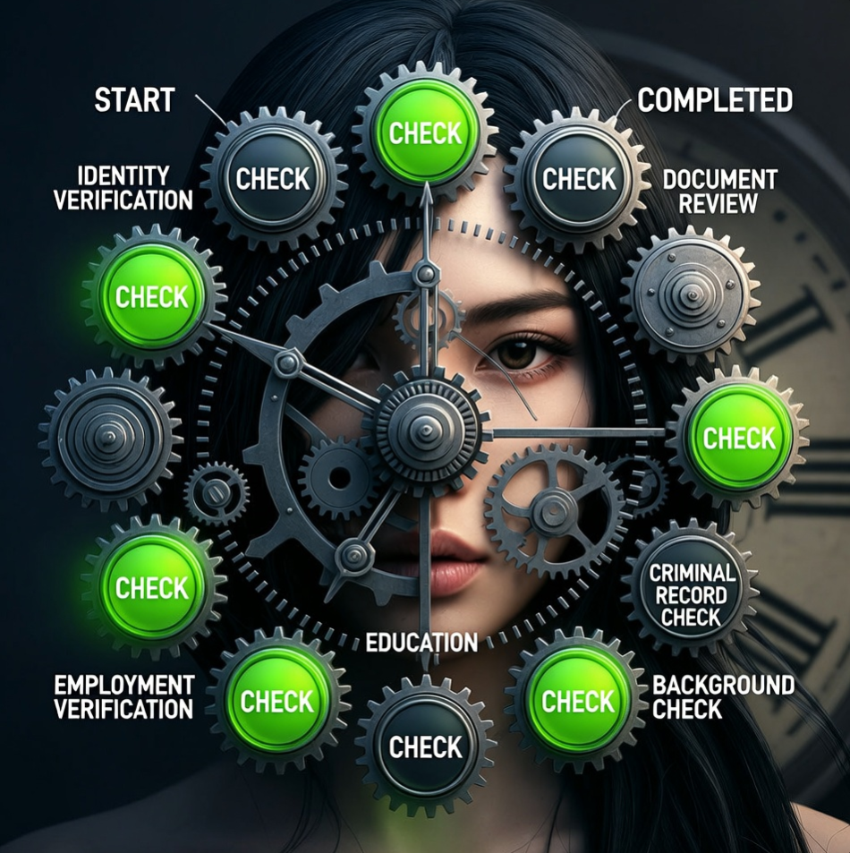 거대한 톱니바퀴들이 맞물려 돌아가는 시계 내부 구조처럼 정교한 검증 프로세스 단계들이 인포그래픽 형태로 나열되어 있고, 각 단계가 완료될 때마다 초록색 'CHECK' 불빛이 들어오는 시각화 이미지